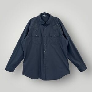 Victorious Black Embroidered Studded Shirt Size 4XL Long Sleeves‎ Stretch Cotton
